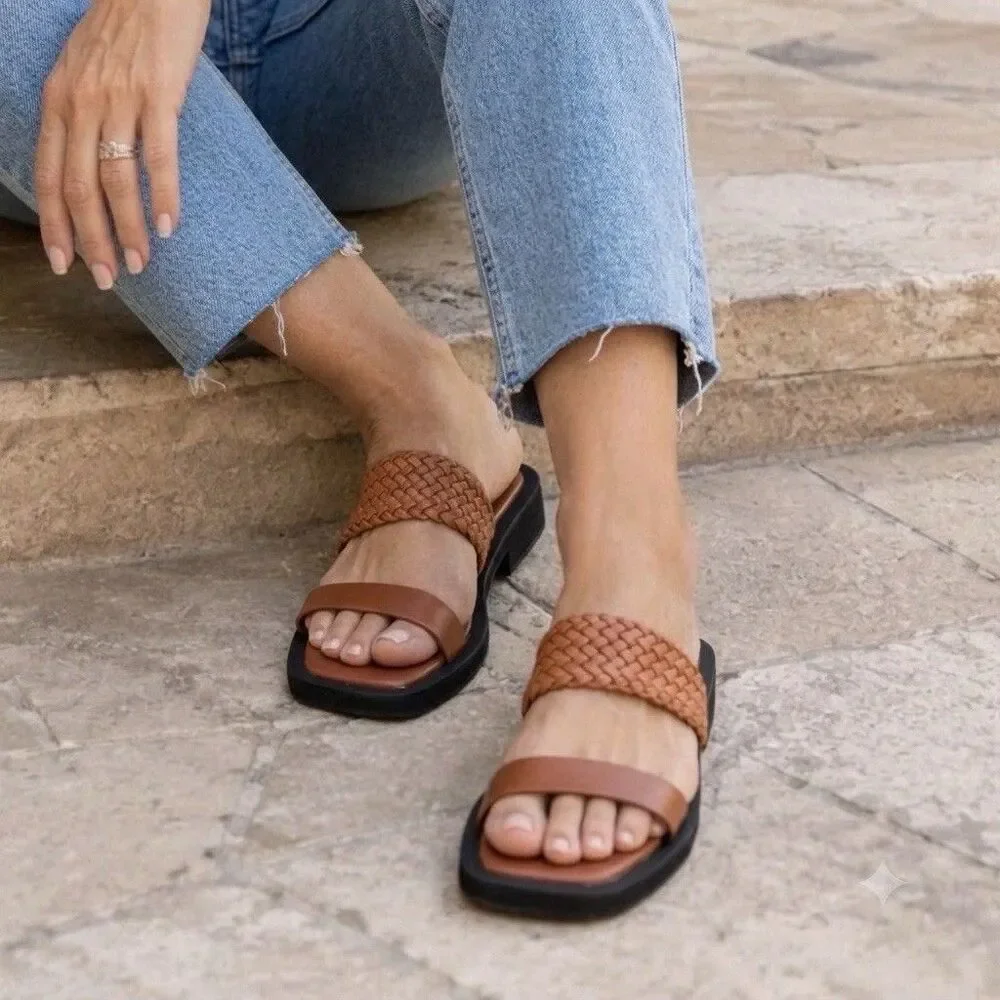 Aerosoles St. Lukes Woven Braided Slide Sandals Brown Leather Square Toe Size 8